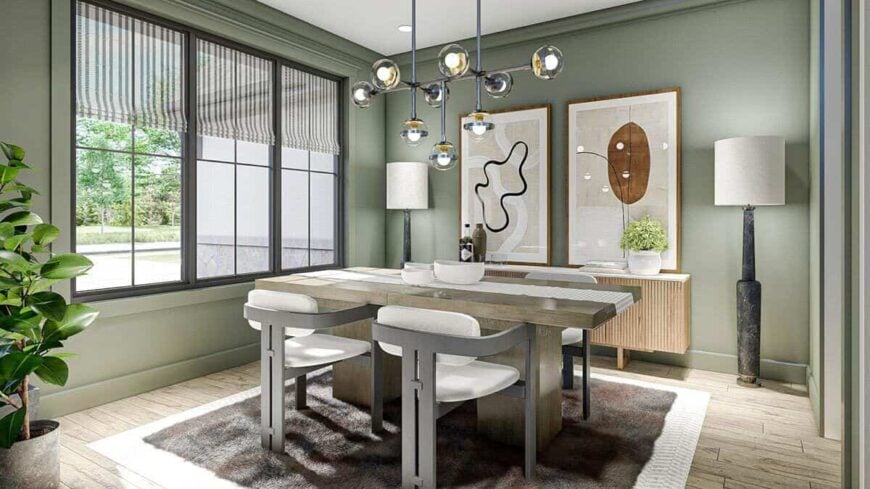 Dinette with a buffet table and wooden dining set sitting on layered rugs.
