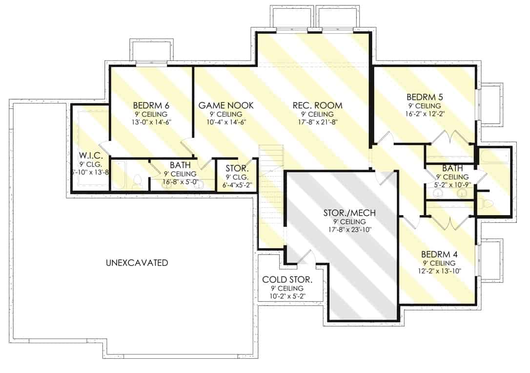 Lower level floor plan with game nook, recreation room, three bedrooms, and two bathrooms.