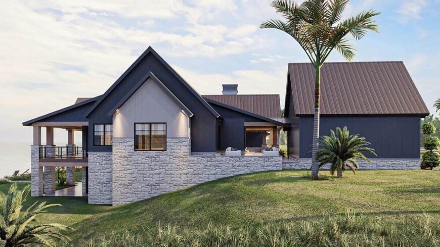 Left rendering with multiple gables, an open patio, and a walkout basement.