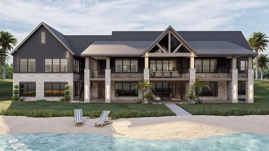 Rear rendering with expansive porches supported by brick columns.