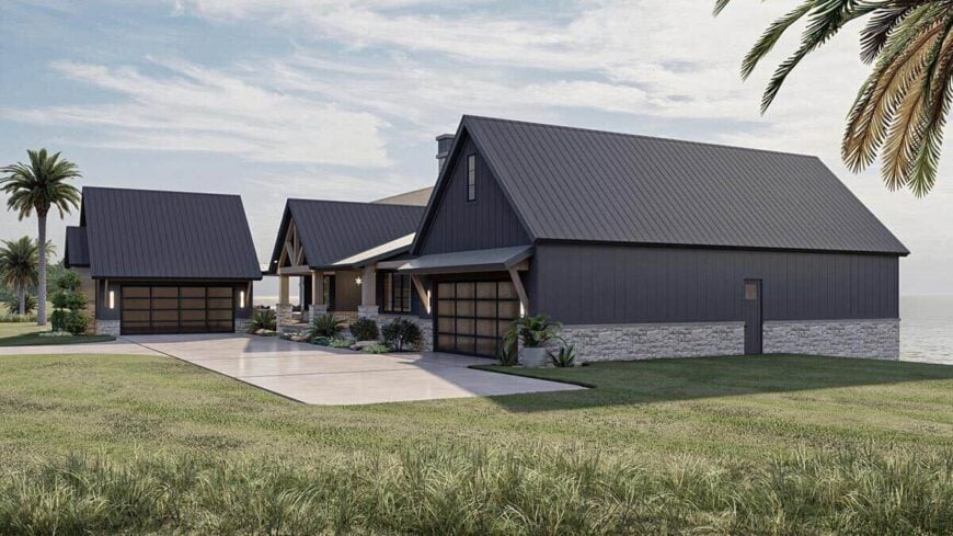 Front-right rendering showcasing the covered entry porch and two garages connected by a concrete driveway.