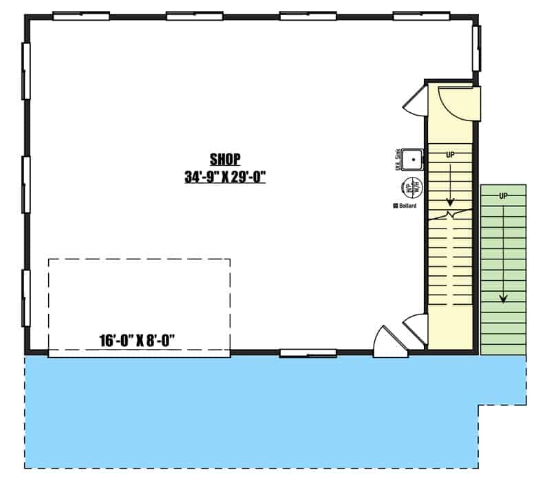 Ground level floor plan with 2-car garage and a workshop.