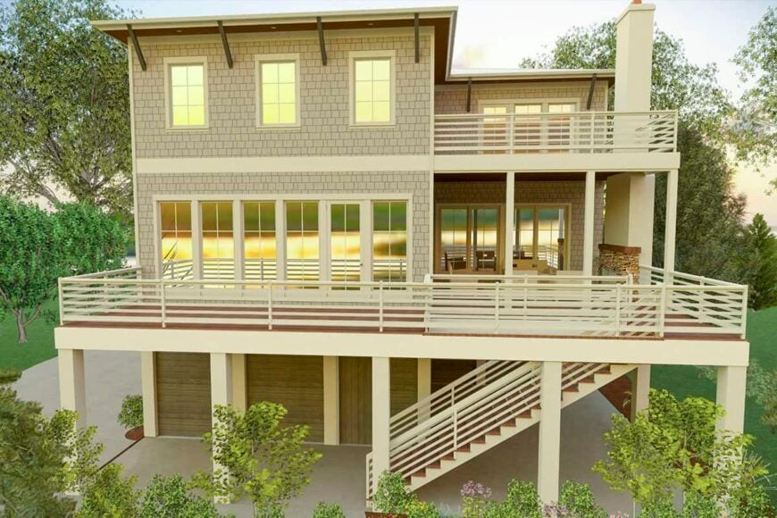 Rear rendering with stacked porches and plenty of large windows.