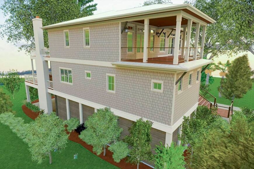 Left rendering showcasing the brick exterior and a covered porch bordered by white columns and railings.