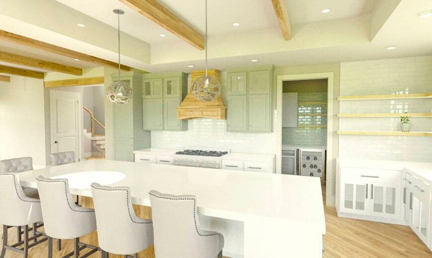 The kitchen has custom cabinetry, floating shelves, a breakfast island, and a butler's pantry.
