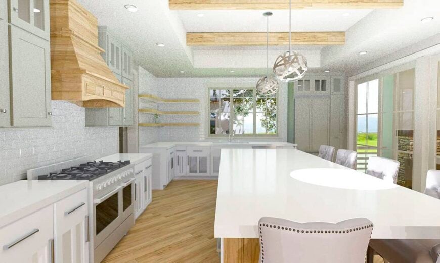 A tray ceiling adorned with exposed beams and spherical pendants crowns the kitchen.