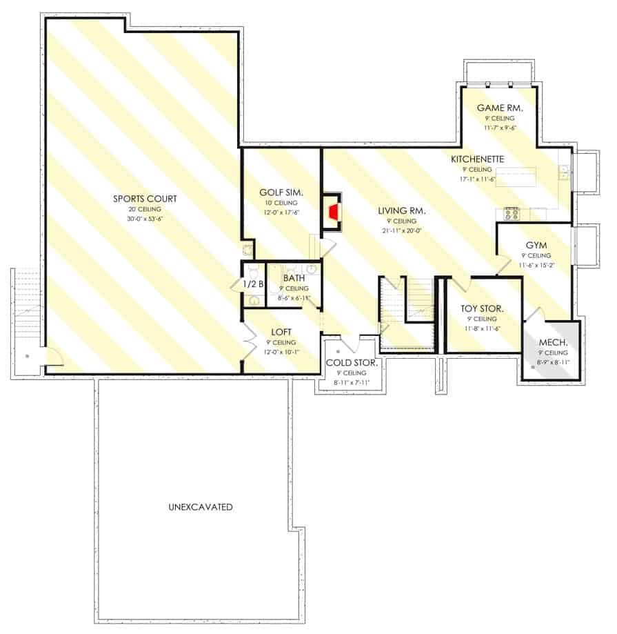 Lower level floor plan with sports court, a loft, living room, kitchenette, game room, toy storage, a gym, and storage spaces.