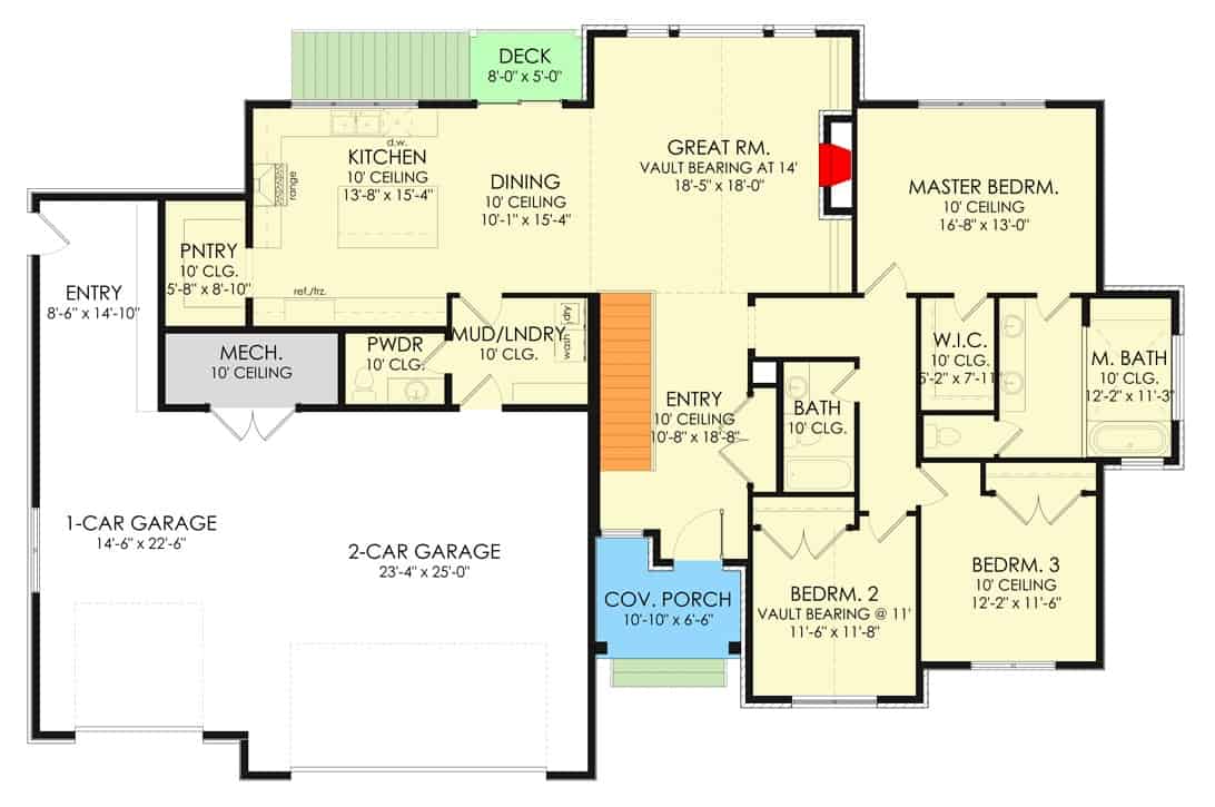 Main level floor plan of a modern 6-bedroom single-story European home with foyer, great room, dining area, kitchen, three bedrooms, and a combined mudroom and laundry room that leads to the 3-car garage.