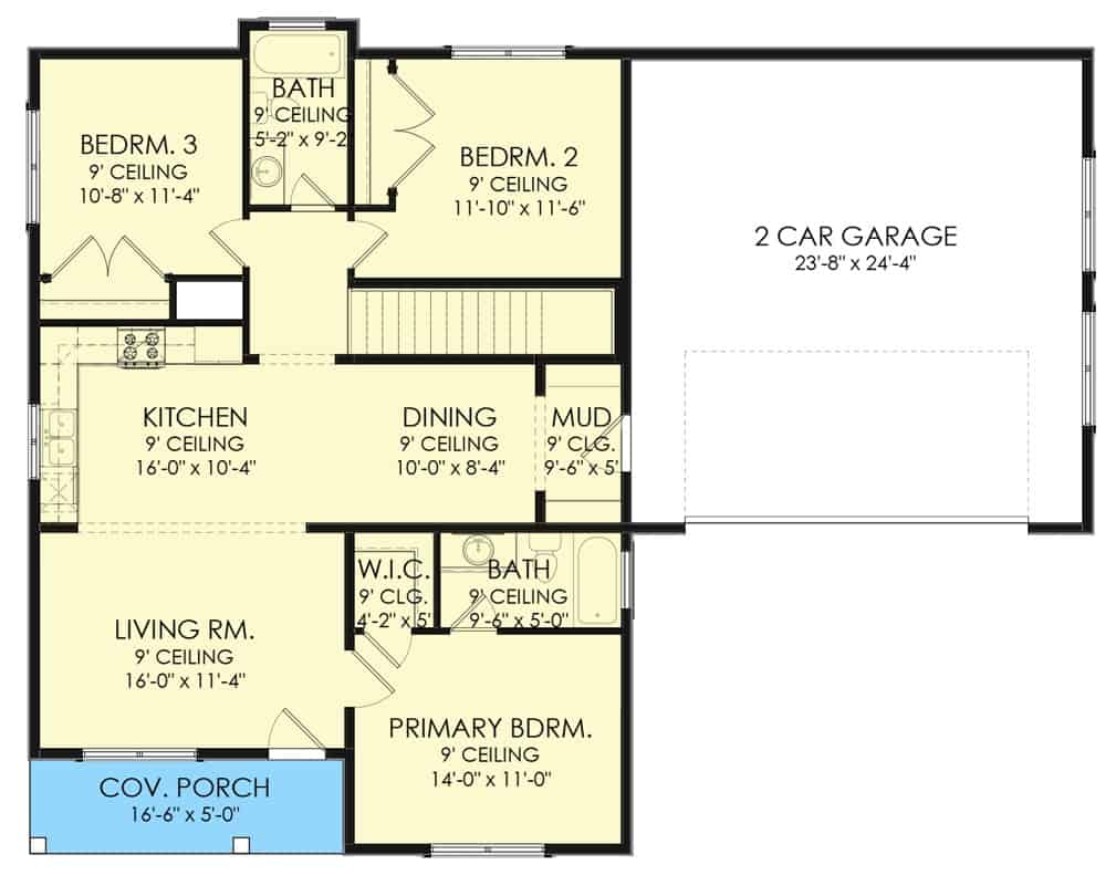 Main level floor plan of a two-story 5-bedroom New American style cottage with living room, kitchen, dining area, three bedrooms, and a mudroom leading to the garage.