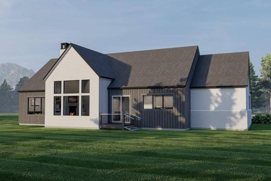 Right rendering showcasing the contrasting exterior and a small deck bordered by wrought iron railings and a staircase.