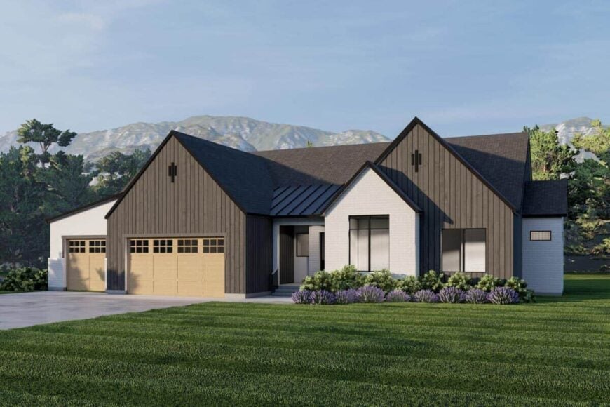 Front-right rendering with multiple gables, a covered entry, and a 3-car garage enclosed in large wooden doors.