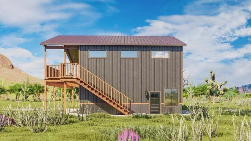 Right rendering showcasing the exterior staircase that leads to the covered deck.