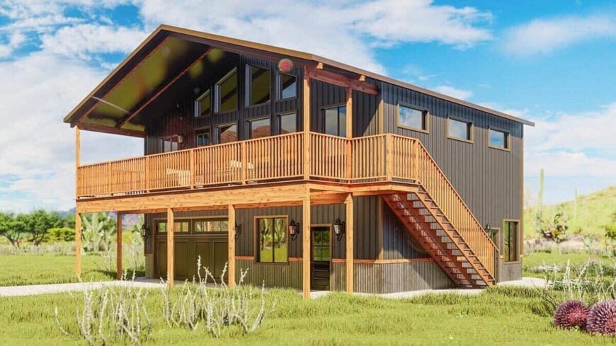 Front-right rendering with a large gable roof, a multitude of windows, and an expansive deck supported by rustic timbers.