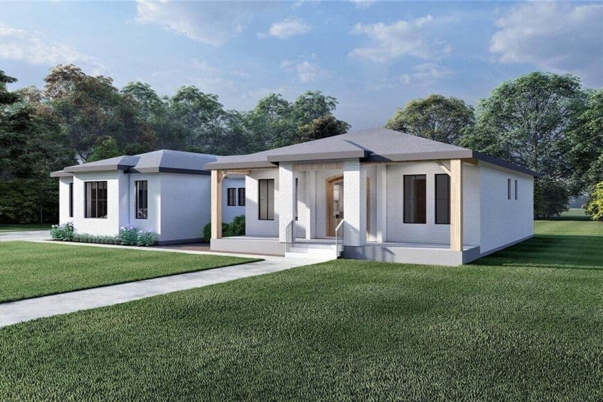 Front-right rendering with hipped roofs and a covered porch supported by rustic timbers and brick pillars.