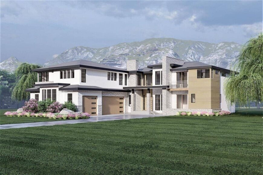 Front rendering with a side-loading garage, a balcony, and a covered entry porch lined with brick columns.