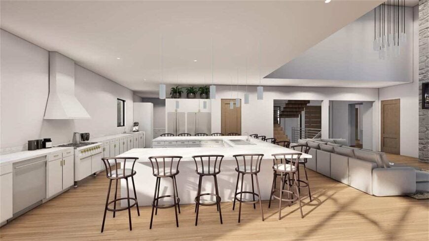 Surrounding round bar stools complement the kitchen island.