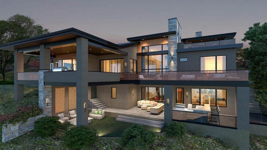 Rear rendering showcasing expansive porches and decks bordered by concrete and glass railings.