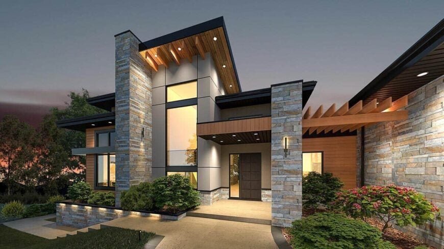 Front rendering with mixed siding, large windows, and a front porch topped with tiled and trellis roofs.
