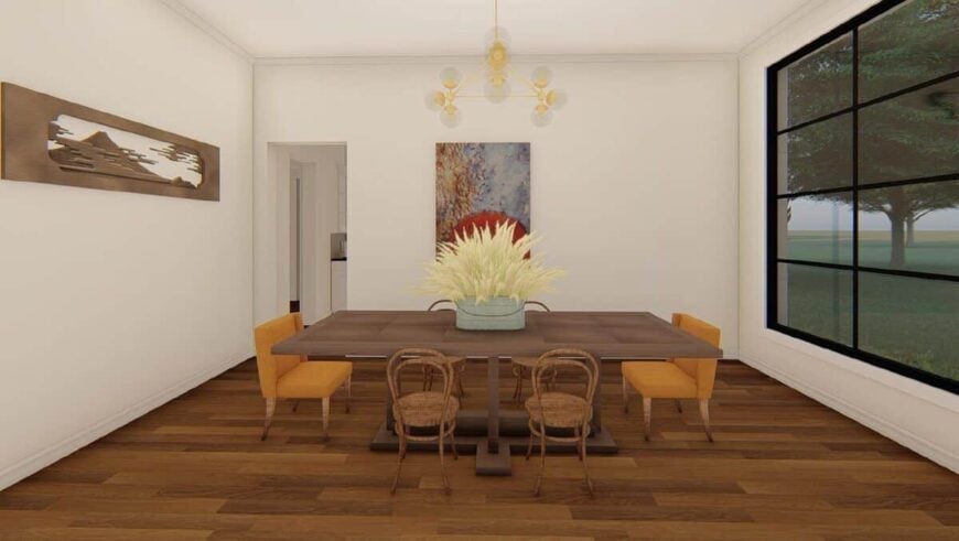 The foyer has a 6-seater dining set, a brass chandelier, and a great view of the front yard.