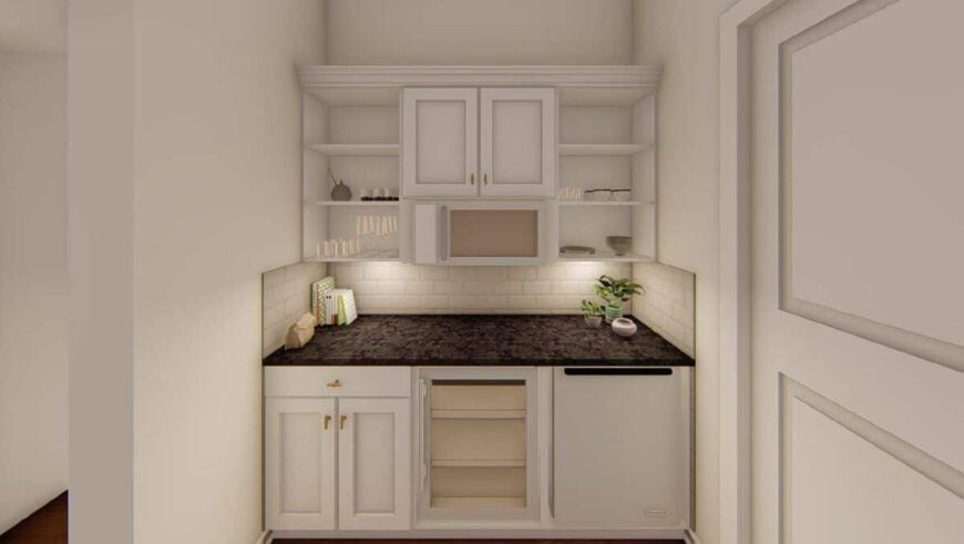 The butler's pantry is equipped with a wine fridge, a microwave, and additional storage.