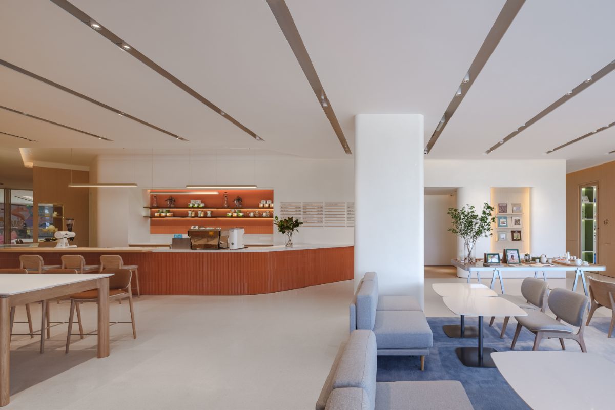 The kitchen area and dining area.