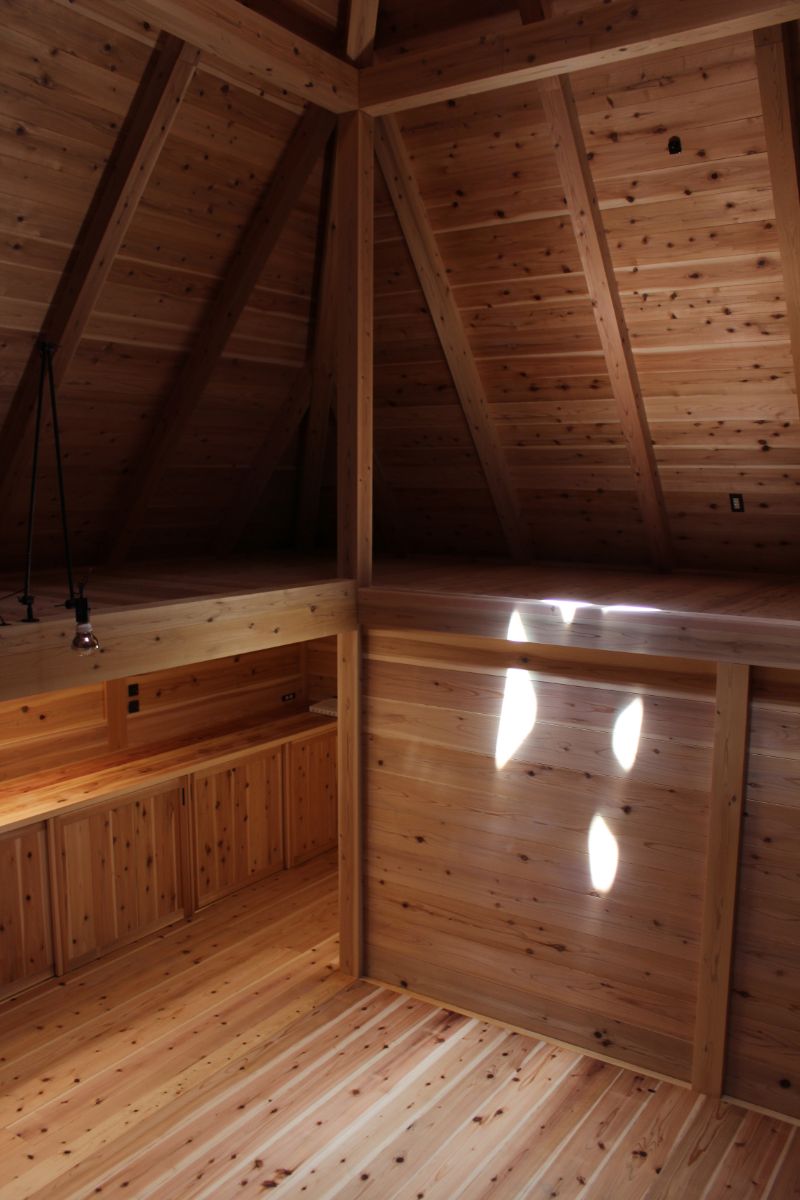 An inside look of the house constructed from woods.