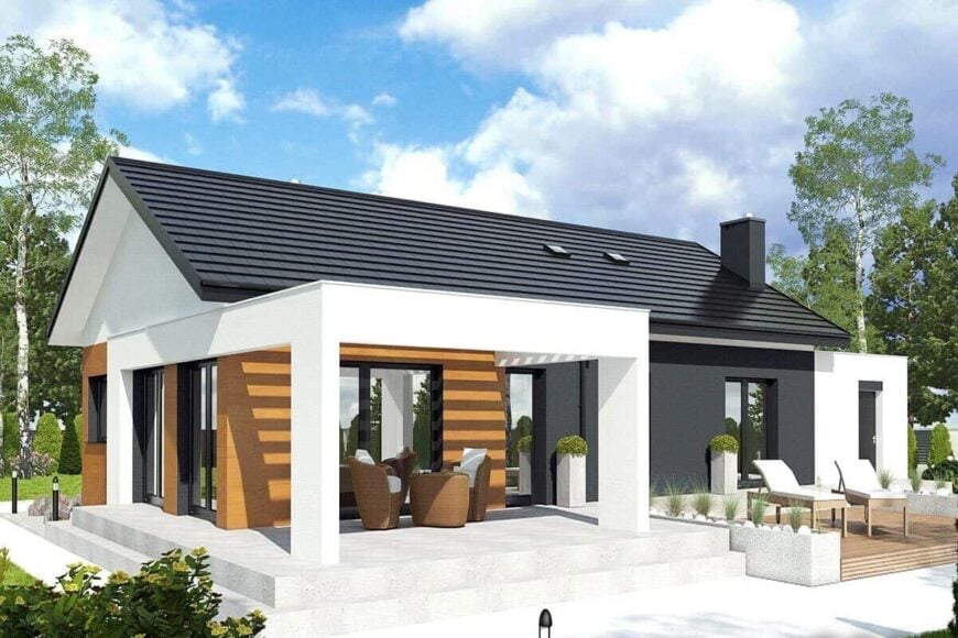 Rear rendering with a pergola covered porch and a sun deck with cushioned loungers.