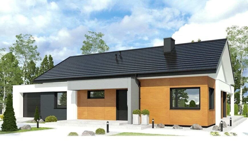 Front rendering with wood and stucco siding, sleek windows, and a covered entry porch.