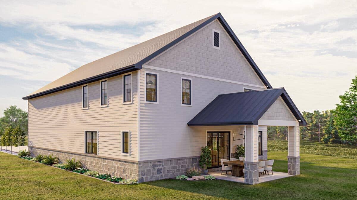 Left rendering showcasing a covered patio with outdoor dining under a gable roof.