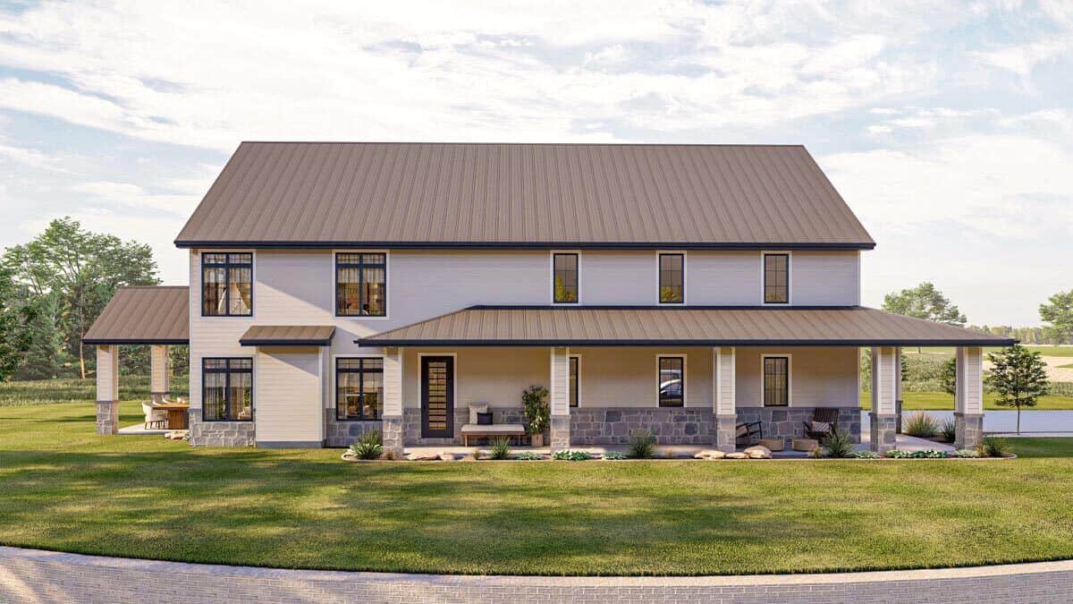 Front rendering with a glazed entry door and a covered front porch framed with decorative columns.