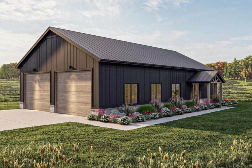 Front-left rendering showcasing the gabled entry porch and 4-car garage enclosed in large wooden doors.