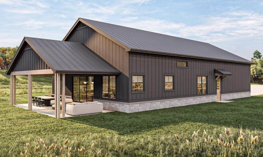 Rear-right rendering with board and batten siding accentuated with stone skirting.