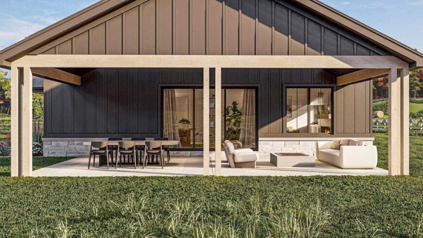 Right rendering with a spacious covered porch filled with outdoor dining and living.