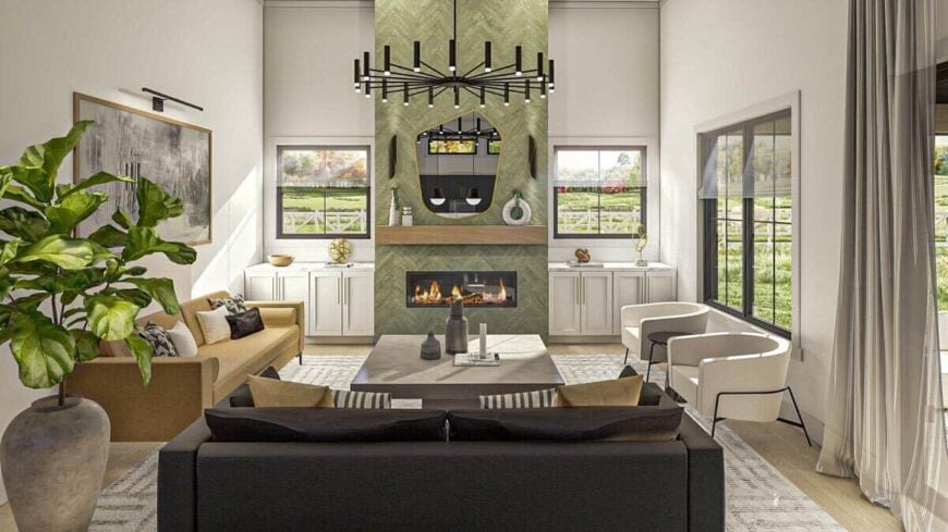 Living room with modern furnishings and an electric fireplace flanked by base cabinets.