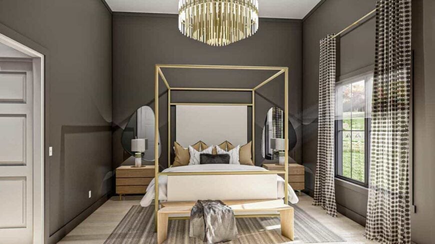 The primary bedroom features a canopy bed complemented with wooden nightstands and a bench.