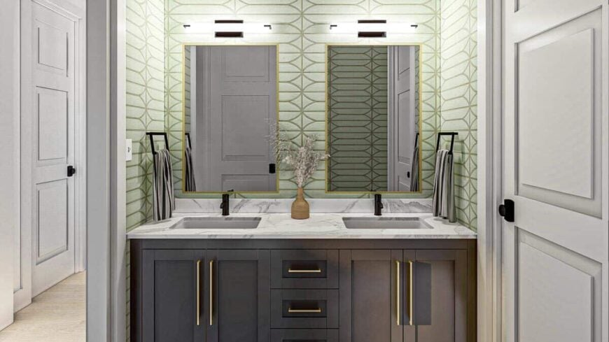 The primary bathroom has a dark wood vanity equipped with two sinks, a marble countertop, and framed mirrors.