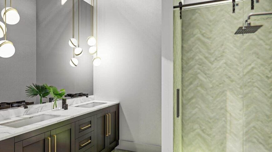 The primary bathroom includes a walk-in shower enclosed in glass hinged door.