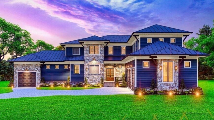 Front rendering with horizontal siding, brick skirting, stone, accents, and multiple garages.