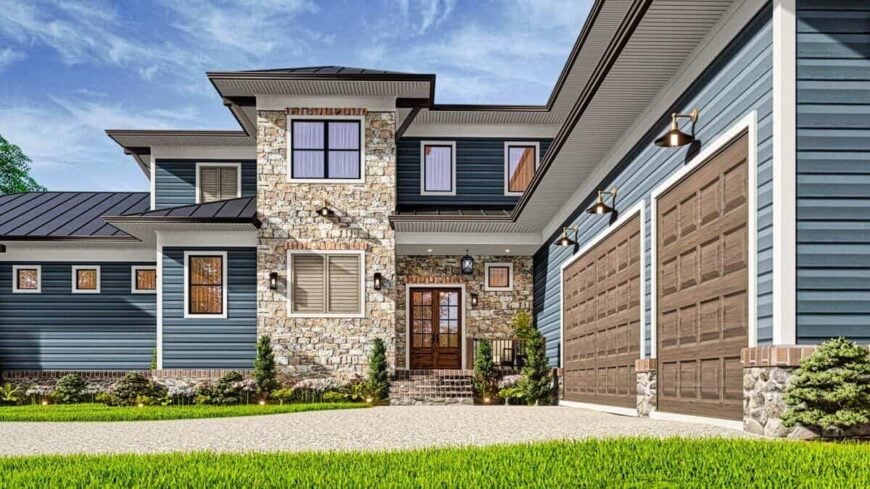 A closer look shows the covered entry porch with a brick stoop and a french front door.