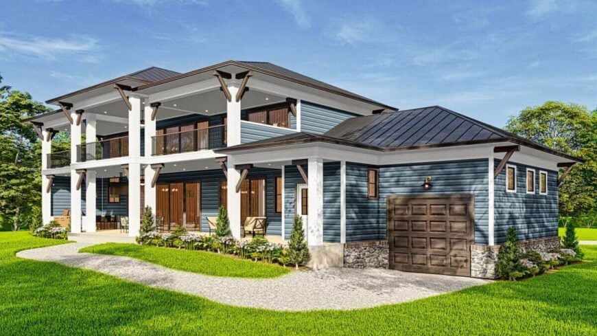 Rear-right rendering showcasing a drive-through garage enclosed in a large wooden door.