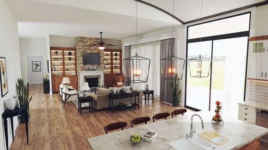 Sliding glass doors extend the living space onto the back porch.