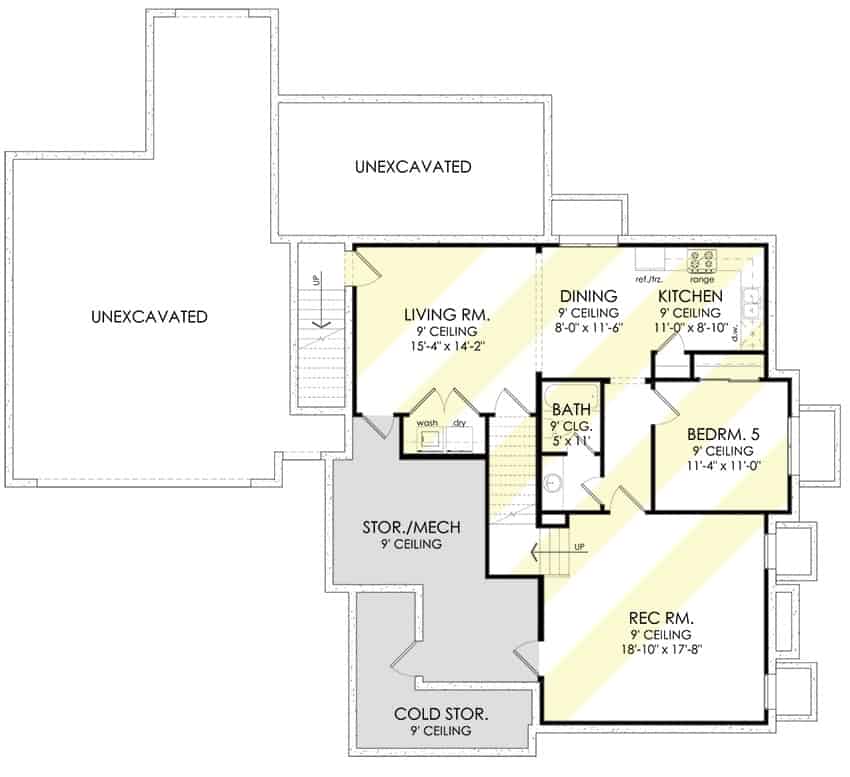 Lower level floor plan with living room, dining area, kitchen, another bedroom, and a rec room.