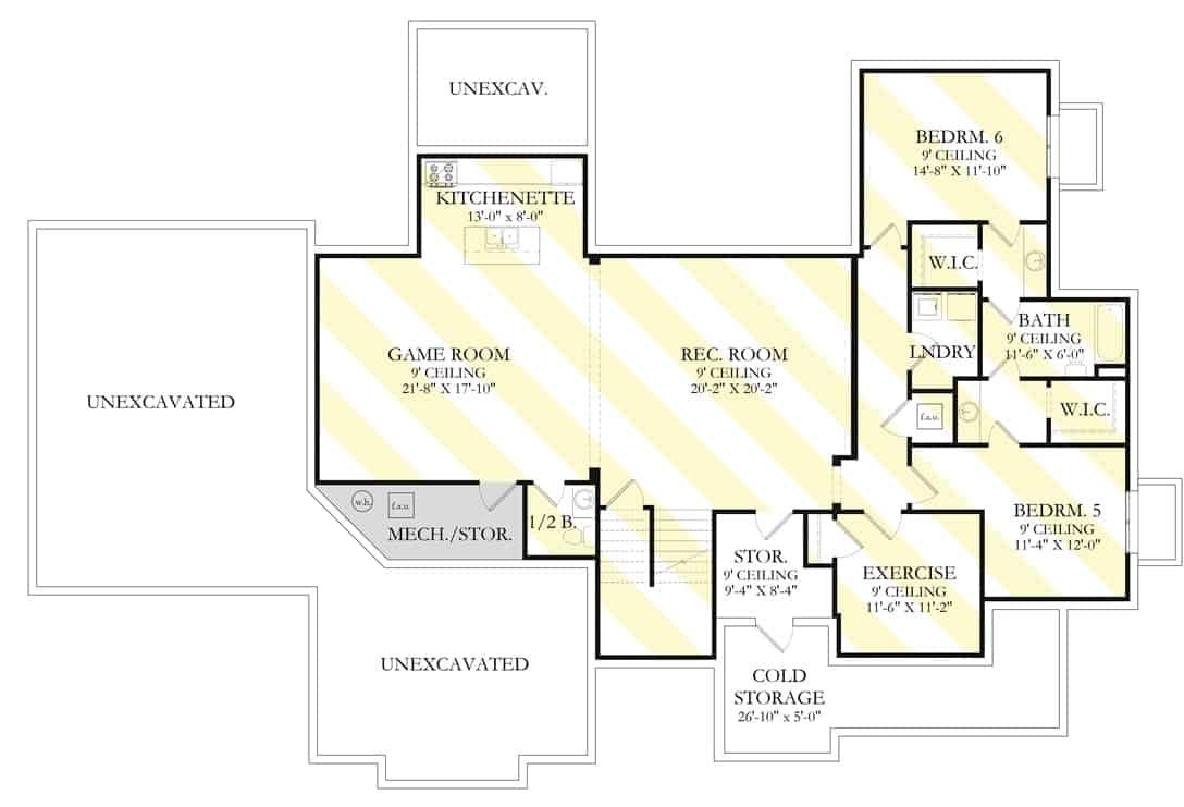 Lower level floor plan with rec room, two bedrooms, exercise room, and a game room with kitchenette.