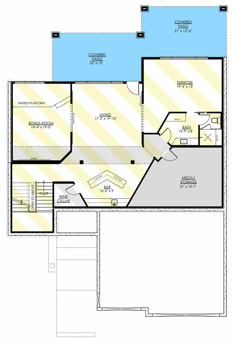 Lower level floor plan with bonus room, exercise room, and living room complete with a wet bar and patio access.