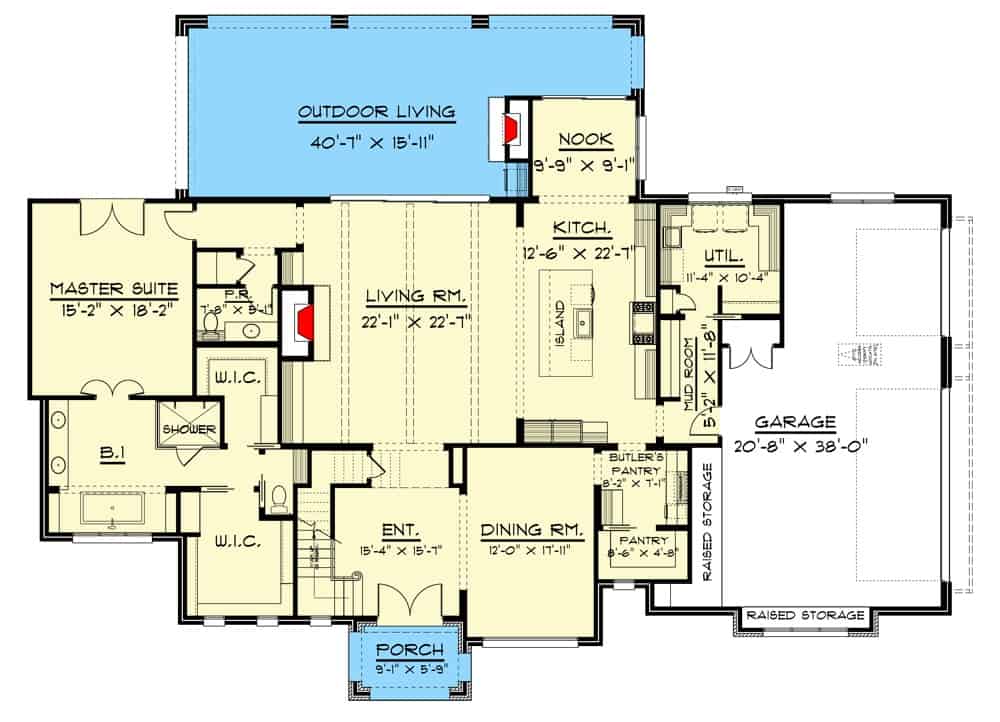 Main level floor plan of a 4-bedroom transitional two-story brick home with foyer, great room, kitchen, formal dining room, laundry room, covered porches, and a 3-car garage.