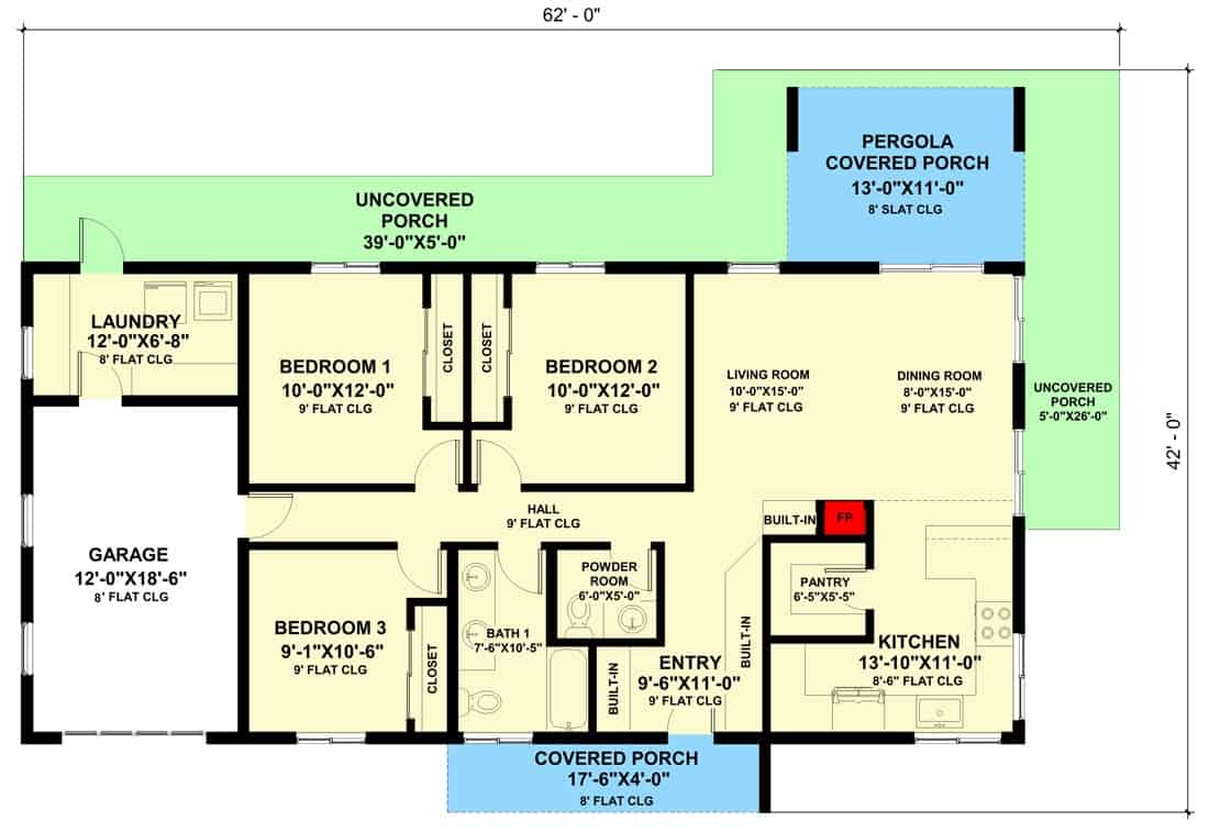Main level floor plan of a contemporary style 3-bedroom single-story home with living room, dining room, kitchen, three bedrooms, laundry room, a single garage, and lots of outdoor space.
