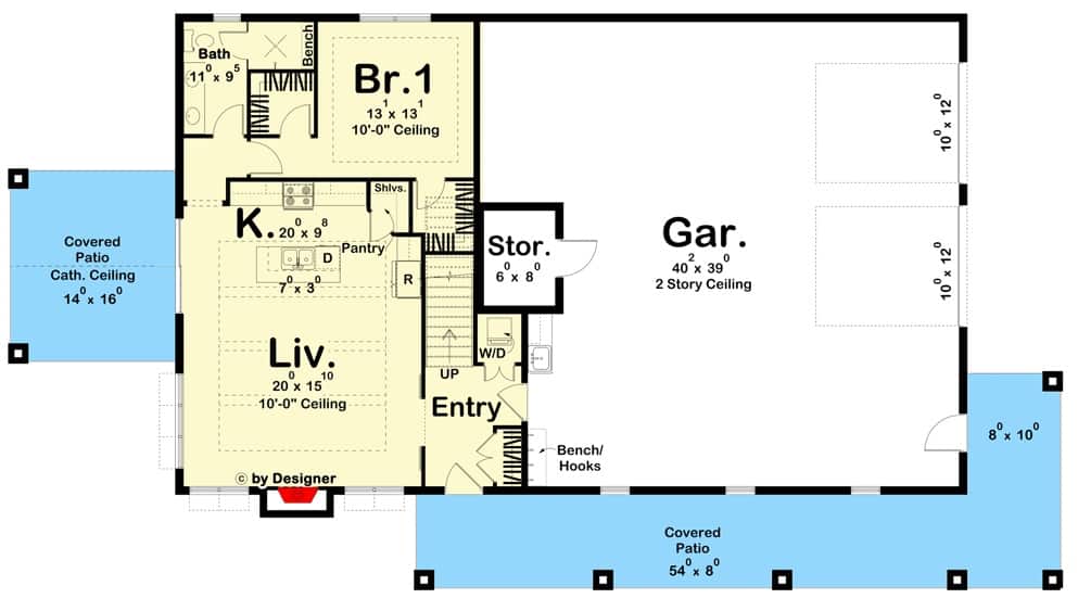 Main level floor plan of a country style two-story 2-bedroom barndominium with a formal entry, living room, kitchen, a bedroom , a double garage, and a wraparound patio.