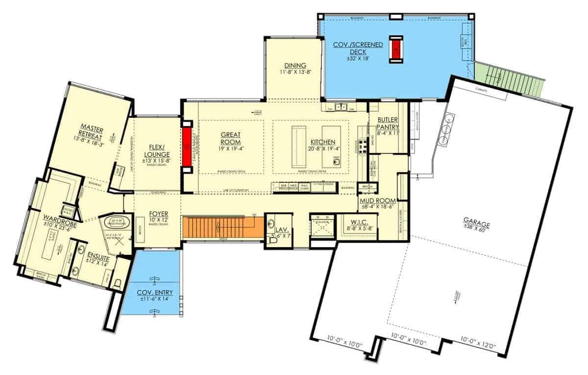 Main level floor plan of a single-story 3-bedroom modern home with foyer, flex/lounge, great room, kitchen, primary suite, screened deck, and an oversized angled garage.