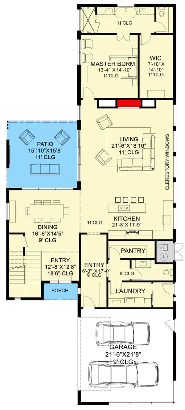 Main level floor plan of a two-story 3-bedroom modern home with dining area, kitchen, living room, laundry, primary suite, and double garage.