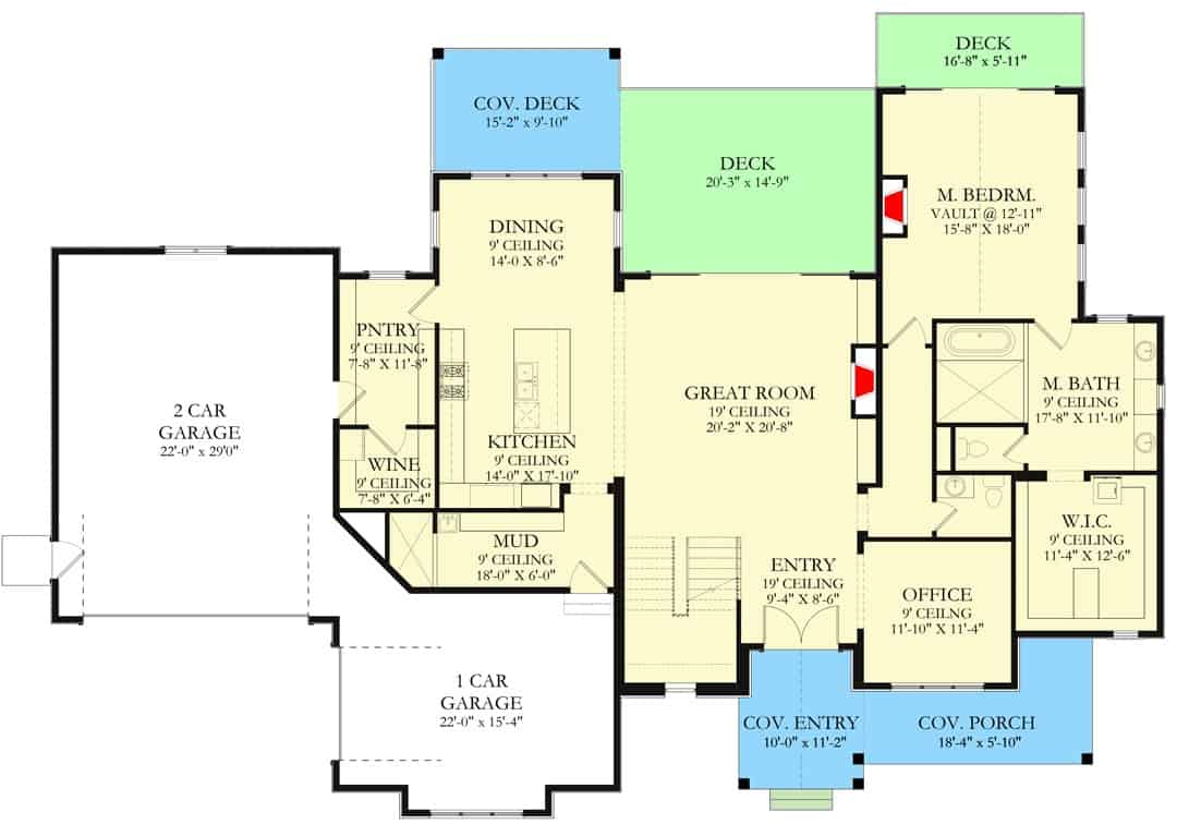 Main level floor plan of a two-story 6-bedroom transitional farmhouse with a great room, kitchen, dining area, office, primary bedroom, a mudroom leading to the garage, and lots of outdoor spaces.